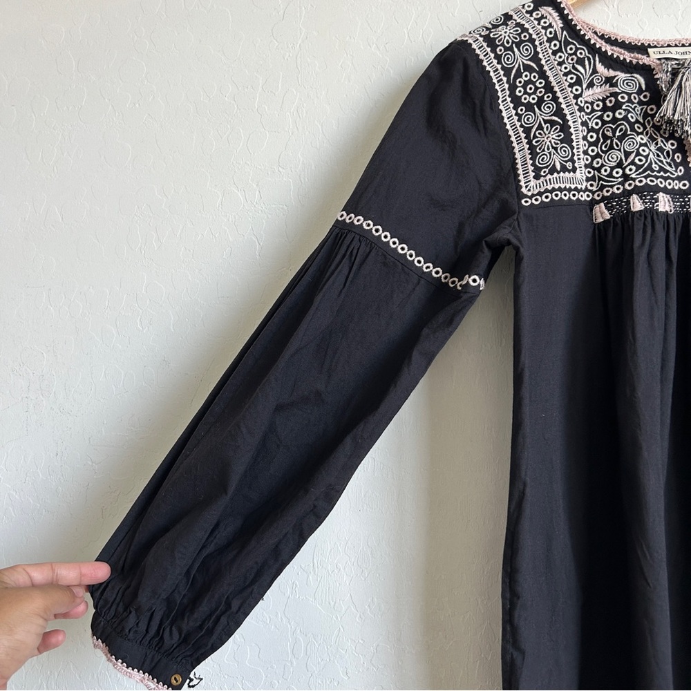 Ulla Johnson Mini Dress 2 Shift Long Sleeves Tasseled Embroidered Mira Black - Picture 4 of 11